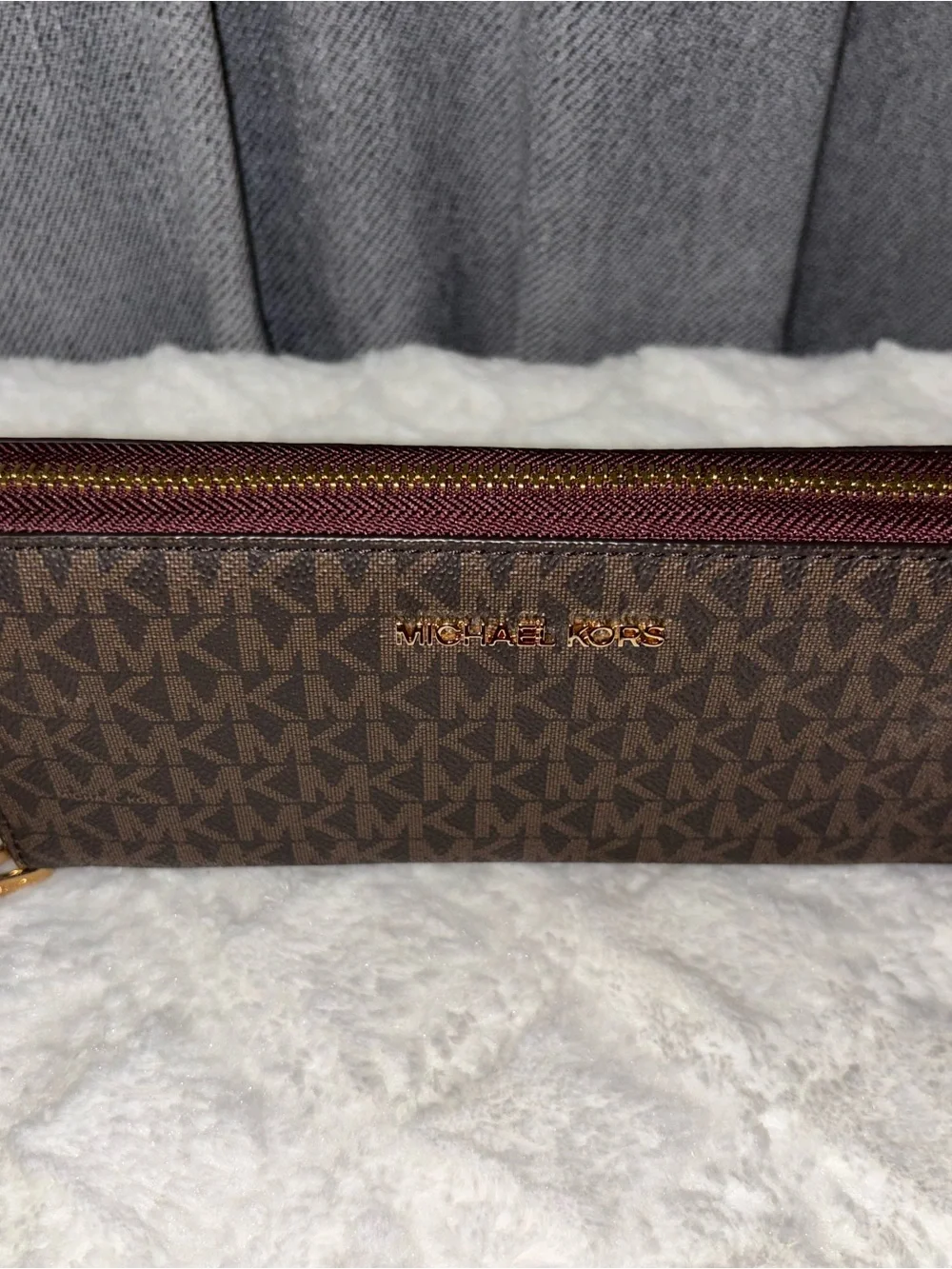 Michael Kors Brown Burgundy MK Signature Wristlet Clutch